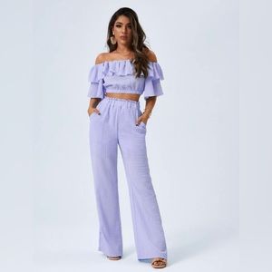 SHEIN privé Off Shoulder Crop Top & Paperbag
Waist Pants Set in Violet Purple S